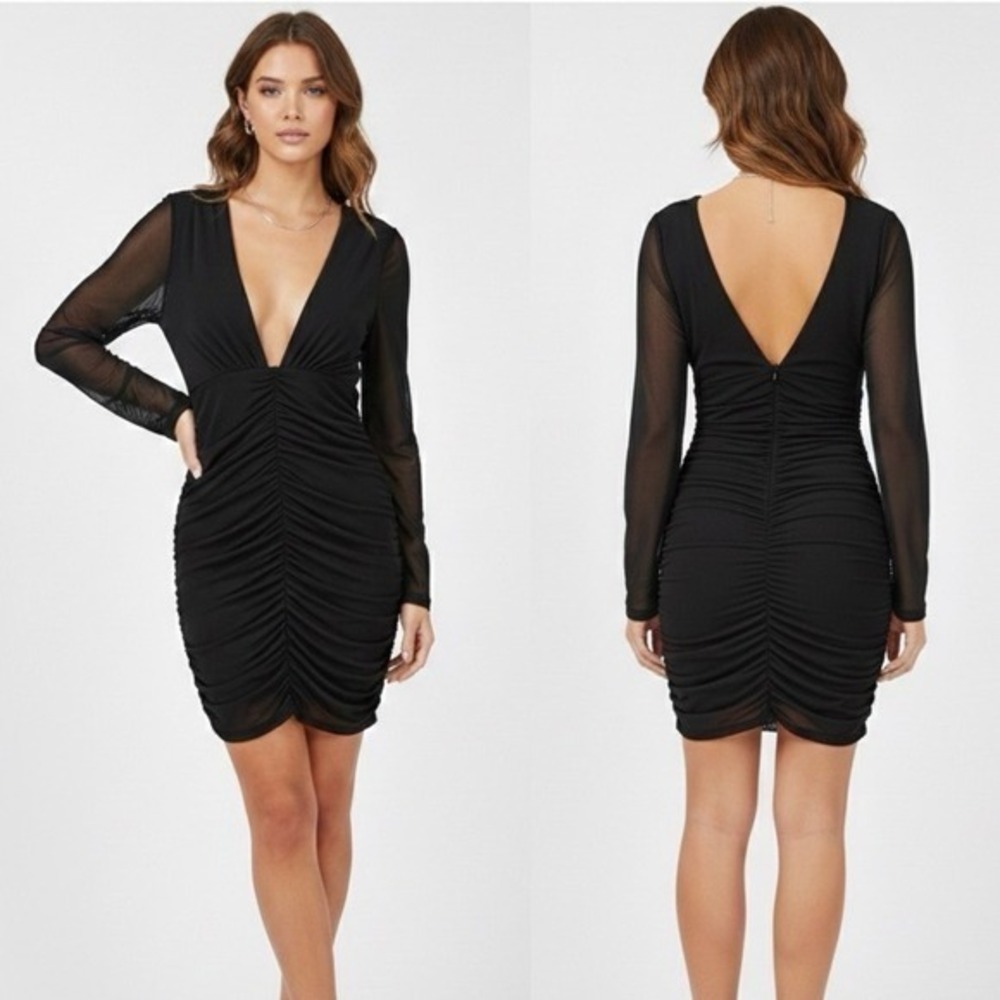 Fashion Nova Sheer Goes Nothing Mini Dress Black Ruched Mesh XL FS21A969